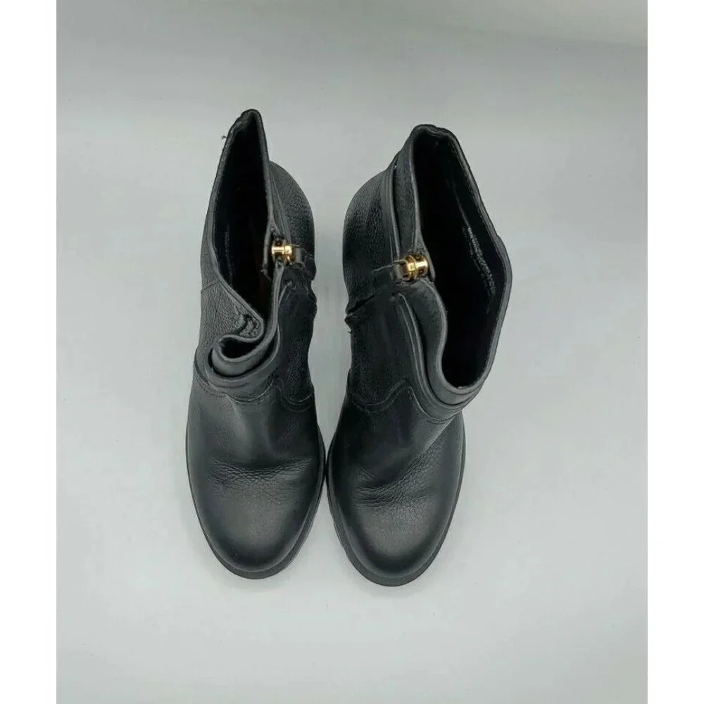 Tory Burch Leigh Black Leather Lug Sole With Logo Boots River Rock SZ 7.5   NWOB